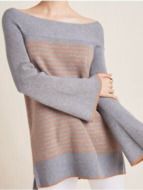 Anthropologie Elise Ribbed Tunic Sweater Size XS Grey Stripes Bell Sleeves